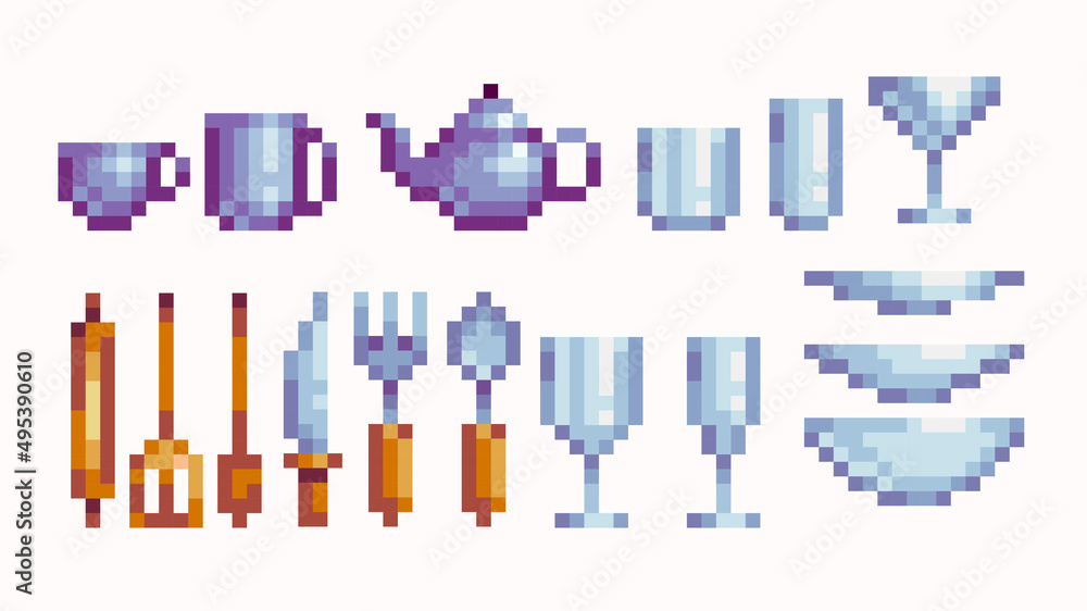 Tableware pixel art set. Dishes, utensils, and glassware collection. 8-bit sprite. Game development, mobile app.  Isolated vector illustration.