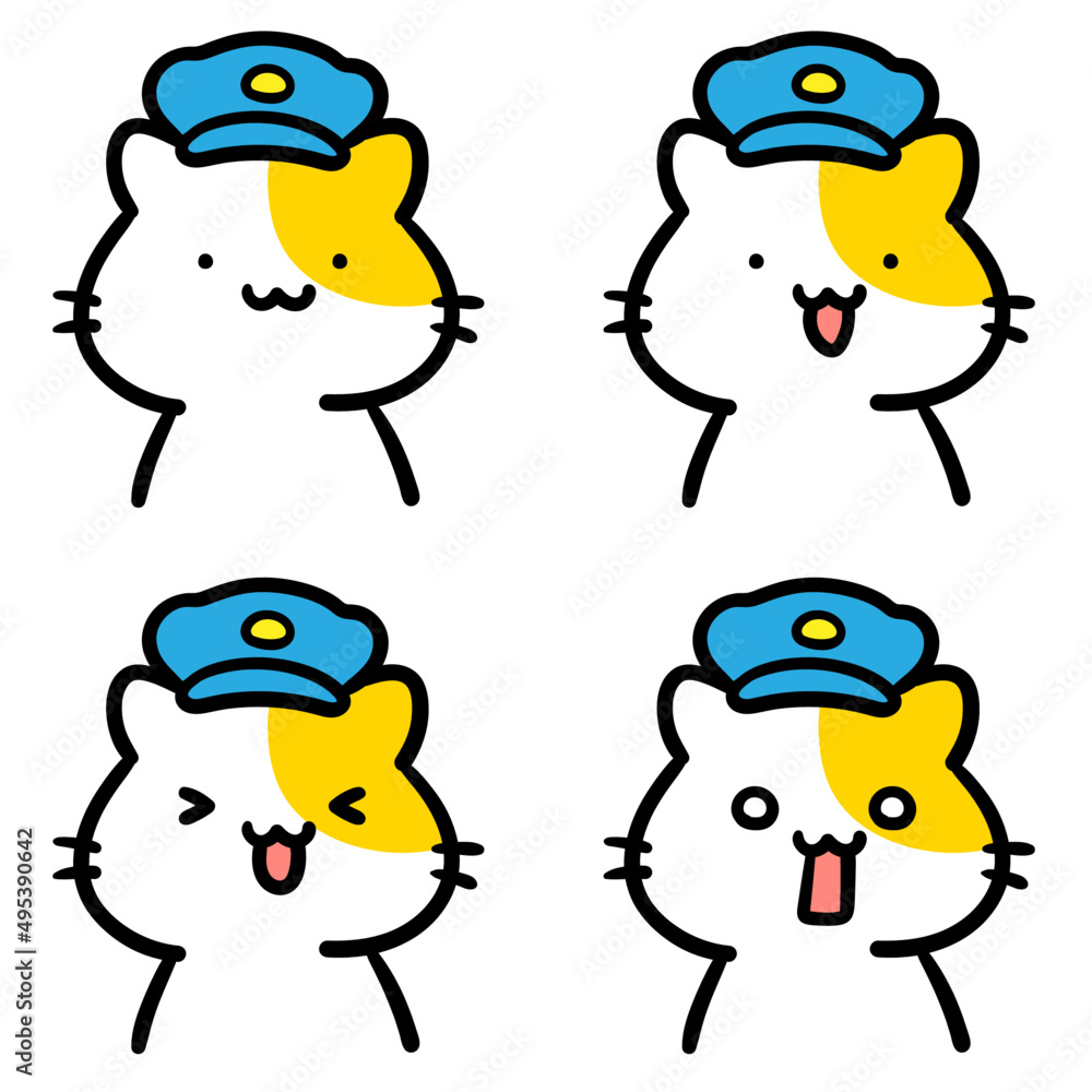 警察帽をかぶるかわいいねこのキャラクターの手書き風表情イラストセット Stock Vector Adobe Stock