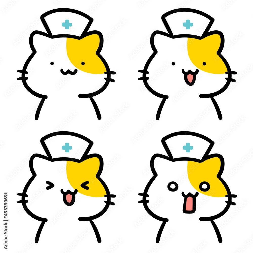 ナースキャップをかぶるかわいいねこのキャラクターの表情イラストセット Stock Vektorgrafik Adobe Stock