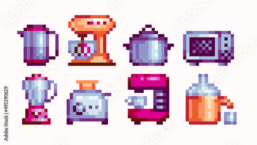 Kitchen appliances pixel art icon. Electronic kettle, microwave, coffee machine, mixer, toaster, and cooker 8 bit sprite. Old school video game element. Isolated cartoon vector illustration.