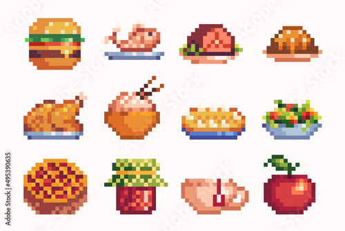 Restaurant dishes pixel art set. Salad, meat, fastfood collection. Food menu. 8-bit sprite. Game development, mobile app.  Isolated vector illustration.