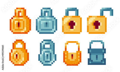 Door lock pixel art set. Secure lock made of gold and steel, locked and unlocked collection. 8-bit sprite. Game development, mobile app.  Isolated vector illustration.