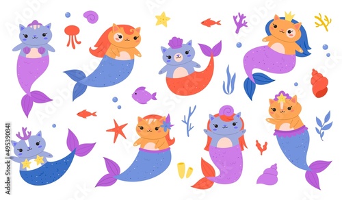 Mermaids cats. Little funny kittens with fish tails and scales  cute fairy ocean creatures  underwater magic fauna  colorful sea animals  girly doodle stickers collection  vector cartoon isolated set