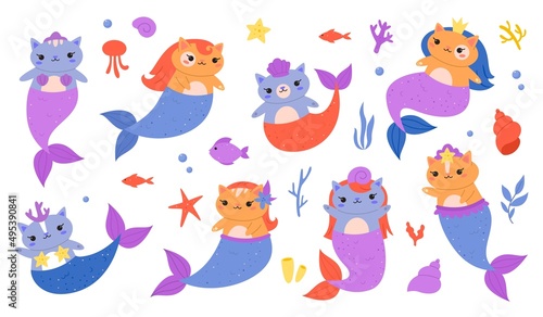 Mermaids cats. Little funny kittens with fish tails and scales, cute fairy ocean creatures, underwater magic fauna, colorful sea animals, girly doodle stickers collection, vector cartoon isolated set