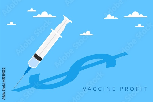 Profit from vaccines. Syringe and dollar shadow on background, earnings of pharmaceutical companies, covid-19 vaccination, vertical banner with copy space. Vector cartoon flat concept