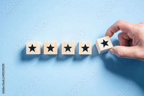 Stampa su tela Customer experience feedback rate satisfaction experience 5 star rating wood blo