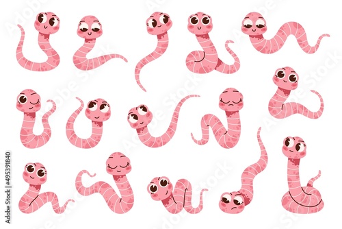 Soil earthworms. Funny garden animals characters, wildlife creatures, different shapes, cute insect characters in various poses stickers, underground invertebrates vector cartoon isolated set