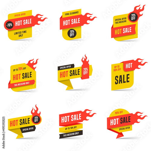 Hot sale banners design templates set. Flat line fire flame speech bubbles special offers discounts vector illustration.
