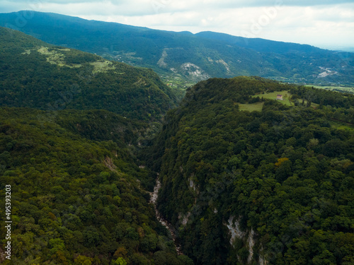 Okace canyon aerial view. The mountains are covered with green forest. Natural landscape. Vacation and Travel. Tourist place in Georgia. © Sergey