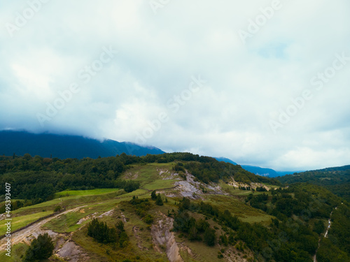 Okace canyon aerial view. The mountains are covered with green forest. Natural landscape. Vacation and Travel. Tourist place in Georgia. photo