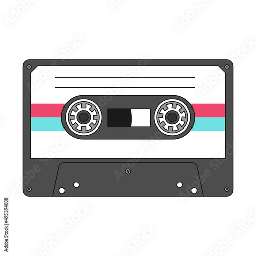 Retro vintage mixtape. Audio cassette in retro style. Mix tape is a musical symbol of the 80s and 90s. Audio equipment for analog music records. An illustration with an outline isolated on white.