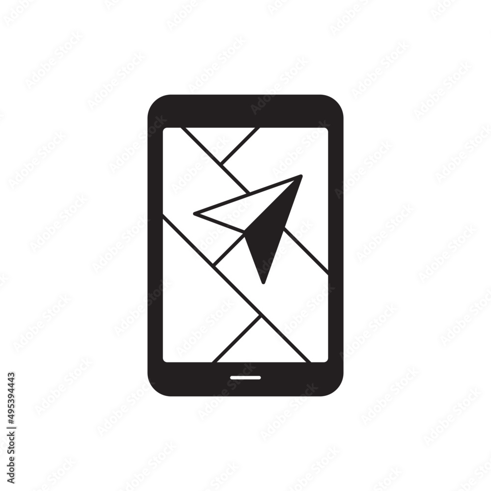 Gps navigation on phone icon in black flat glyph, filled style isolated on white background Gps navigation on phone icon in black flat glyph, filled style isolated on white background