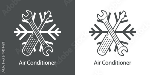 Reparación y servicio de aire acondicionado. Logo con texto Air Conditioner con herramientas con forma de copo de nieve con líneas en fondo gris y fondo banco