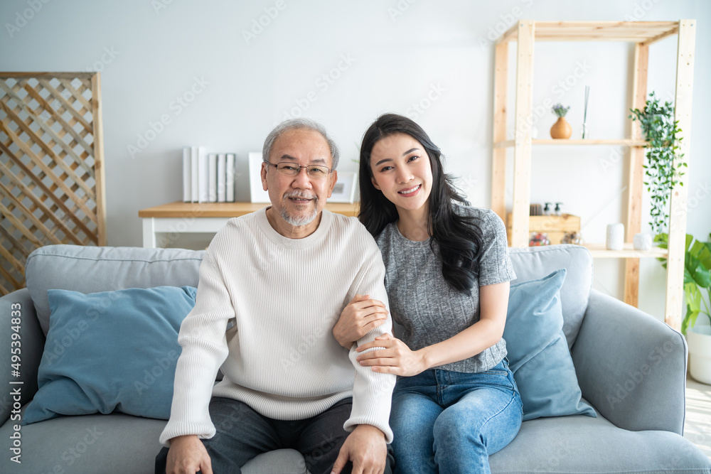 Portrait of Asian lovely family, daughter hugging and sit with father. Portrait of Asian lovely family, daughter hugging and sit with father.