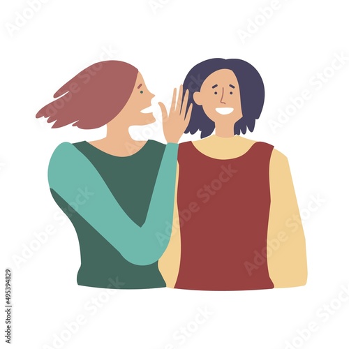 Gossiping, whispering secret concept. Girls spreading rumors, happy young women communicate, friends discussing gossips, sharing news, private conversation. Simple flat vector