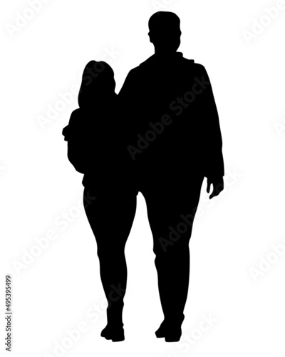 Young man and woman are standing next to each other. Isolated silhouette on a white background