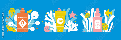 Set sun protection with a background of coral and ocean waves. Sun protection SPF 15, 35, 50 plus. Moisturizes and protects the skin from ultraviolet light. Body care in the summer on summer vacation.