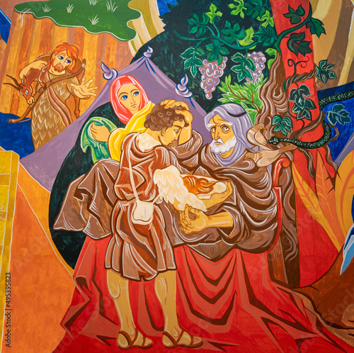 FORLÍ, ITALY - NOVEMBER 11, 2021:  The modern fresco Isaac blessing Jacob who is disguised as his first born son Esau in the church Chiesa di San Giuseppe Artigiano by Franco Vignazia (2019).