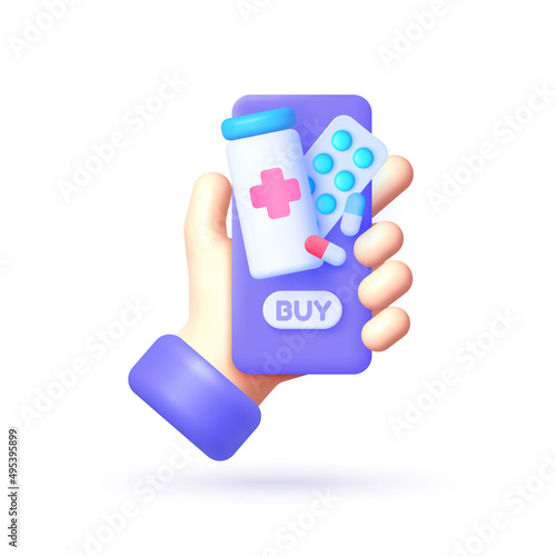 Person buying the pills online with the smartphone. 3D illustration. Medicine, healthcare concept. Pharmacy concept. Vector illustration
