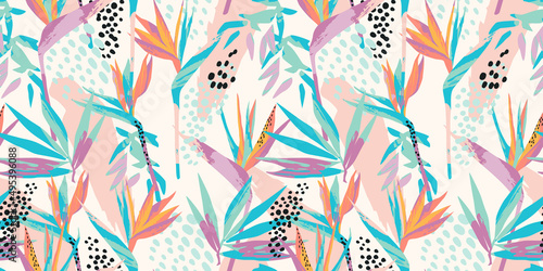 Abstract art seamless pattern with tropical leaves and flowers. Modern exotic design