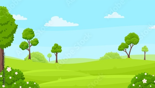 Green tree on hill landscape. Fields or park  beautiful meadow with blossom bushes. Cartoon morning and clouds on blue sky  nature view garish vector background