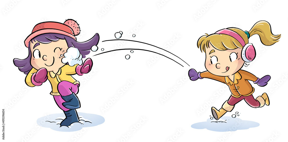 Naklejka premium Illustration of little girl throwing a snowball to her friend