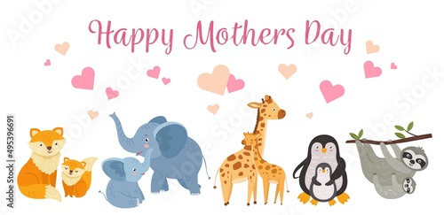 Happy animal mothers. Mother day banner with cute animals moms and babies. Cartoon giraffe, sloths and penguins, wild childish neoteric vector characters