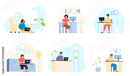 People in home office. Person computers education, working with laptop at house. Modern remote work, study and communication recent vector set