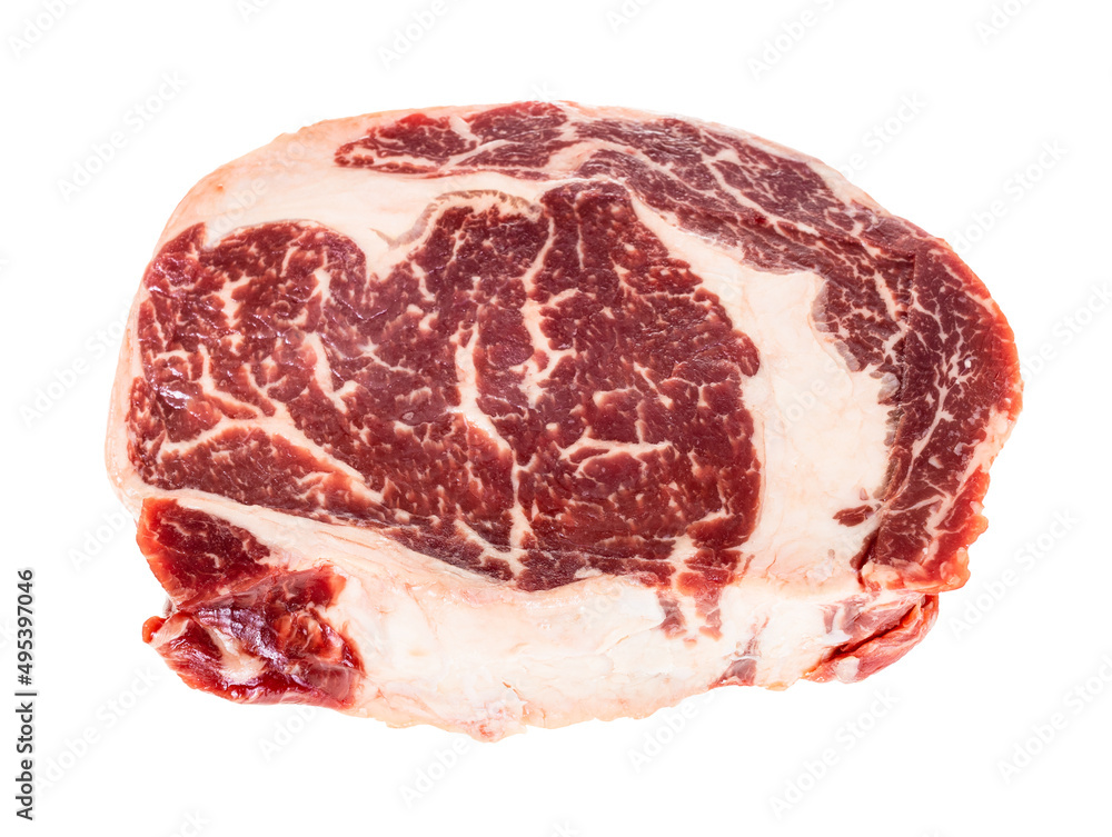 raw rib eye beef steak from Aberdeen Angus bull isolated on white background raw rib eye beef steak from Aberdeen Angus bull isolated on white background