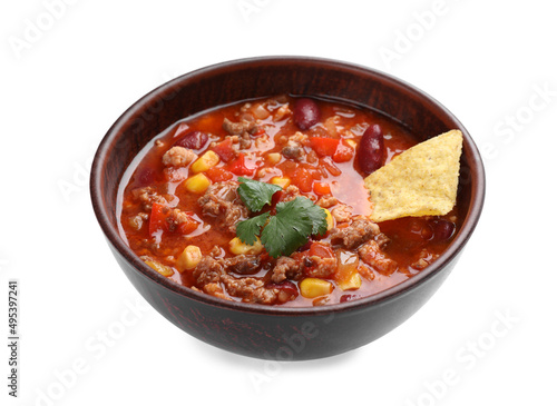 Bowl of tasty chili con carne with nachos on white background