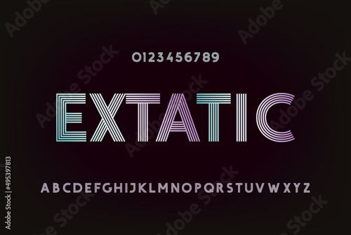 Extatic Hand Crafted Sans Serif Style Font Lettering - Five Stripes Retro Pop Style Grotesque Caps and Numerals on Black Background - Typography Graphic Design