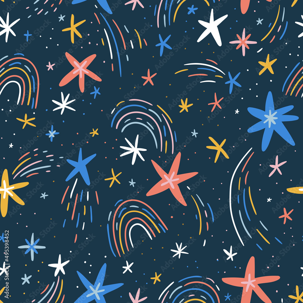Cute hand-drawn seamless pattern with stars and rainbows. Vector repeated design for kids fabric. 