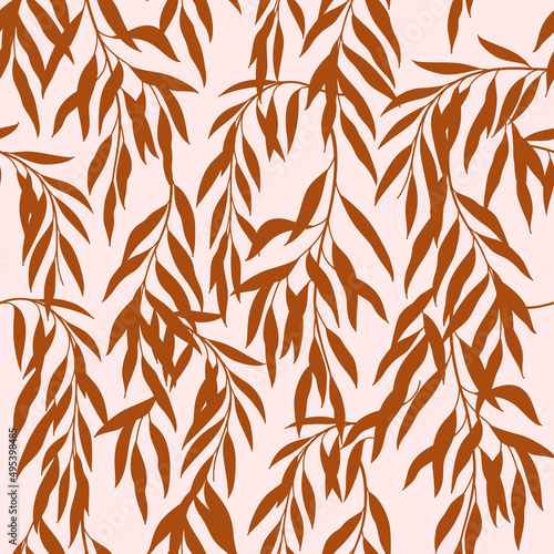 Branch of willow tree. Trendy pattern with twig. Flat colour vector illustration.