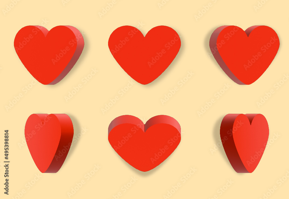 A set of vector 3d hearts for design. A set of red hearts in different angles.
