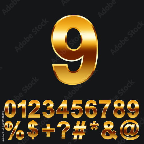 Golden number and symbol collection. realistic gold alphabet set. gradient vector illustration