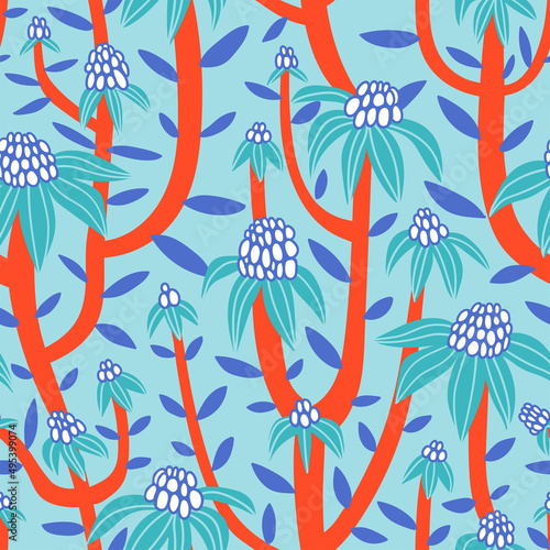 Seamless pattern with abstract flowers in hand-drawn style. Floral print design for fabric, wrapping or wallpaper. 