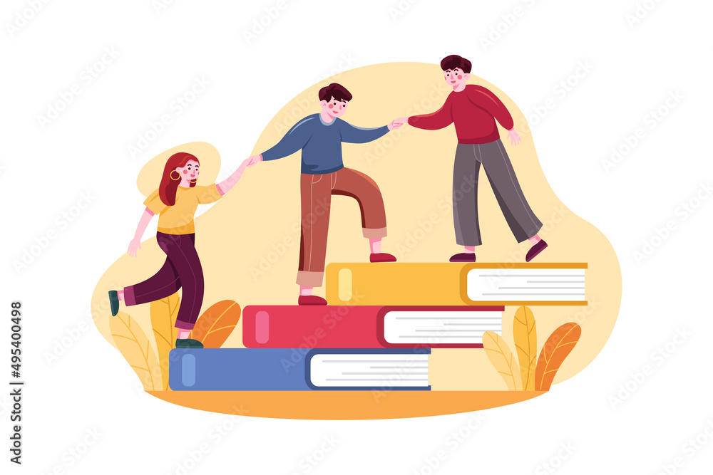 Students Walking On Books Stairs illustration concept