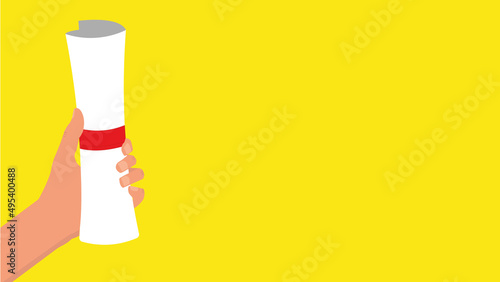 Illustration of a hand holding a graduation diploma. Yellow background. Graduation concept. Completion of studies.
