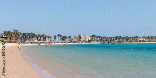 Hurghada, Egypt - September 25 2021: A nice sunny day on the beach at the Red Sea in Hurghada, Egypt