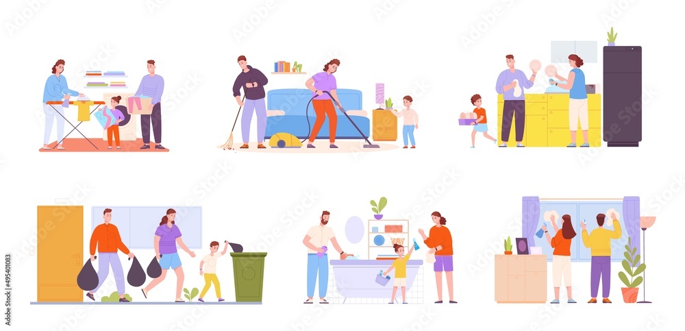 Family housework. Helpful kids help parents cleaning house, child helping home routine laundry bathroom closet kitchen, happy kid with vacuum or mop, splendid vector illustration