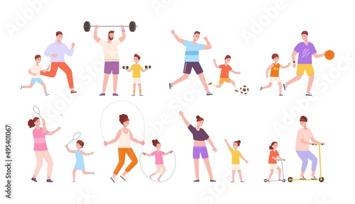 Parents fitness sports. Family practicing sportive exercise gym, parent children sport activities, fit training workout practice, healthy diet, cartoon splendid vector illustration