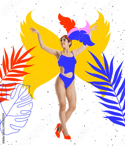 Contemporary art collage with beautiful young woman in drawn colorful carnival peacock costume. Concept of festival, holdiays, art, fashion photo