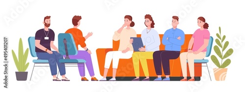 Group psychotherapy. Psychology counseling patient community sitting on chair psychiatrist, talk therapy meeting people conversation with psychologist, splendid vector illustration
