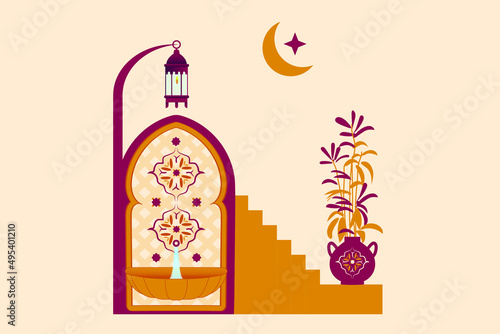 Creative minimalist abstracts. House or mosque facade with water fountain, candle lamp, stairs, indoor plants. Vector illustration.