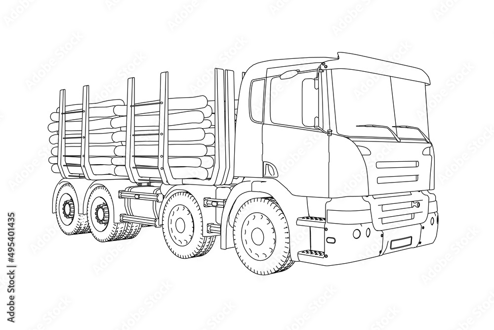 Detailed outline of a truck with wood from black lines isolated on a white background. Perspective view. Vector illustration