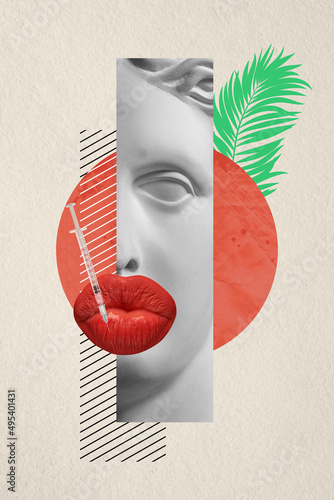 Contemporary art collage with anique statue bust. Colorful design for lip agmentation, surgery and cosmetology treatment. photo