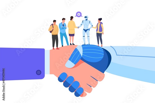 Robot hand shake. Interacting ai human, future jobs humanity, humanic robotics handshake, robotor business machine, artificial intelligence technology, garish vector illustration
