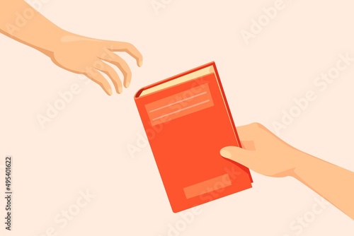 Hand giving book. Exchange books, hands borrow knowledge, swap gift reading sharing school library, cartoon vector illustration