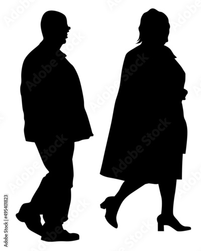 Elderly woman and man with a stick is walking down the street. Isolated silhouette on a white background