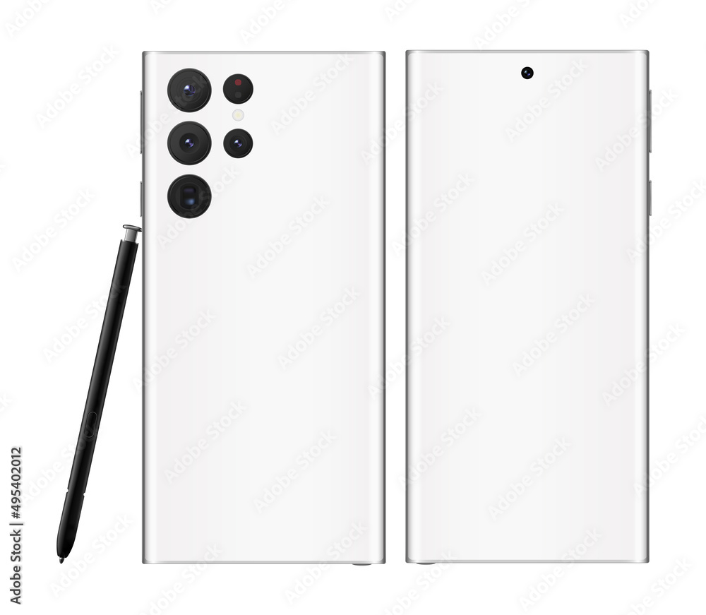Realistic Samsung Galaxy S22 Ultra white screen smartphone front and back  design with pen. Stock Vector | Adobe Stock